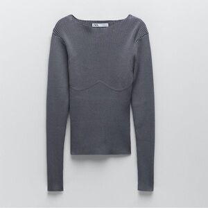 ZARA NWT Women's Gray Long Sleeve Corset Style Ribbed Knit Top